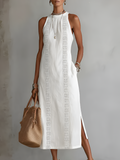 Jimena | Abito Midi in Cotone-Lino con Colletto Mandarino