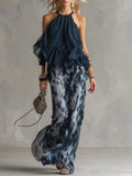 Ludovica – Completo in chiffon elegante con top a collo alto e pantaloni a gamba larga stampati • S1